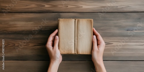 This image features two hands gently holding an ancient, opened book on a rustic wooden table, symbolizing the importance of knowledge and history in human experience. photo