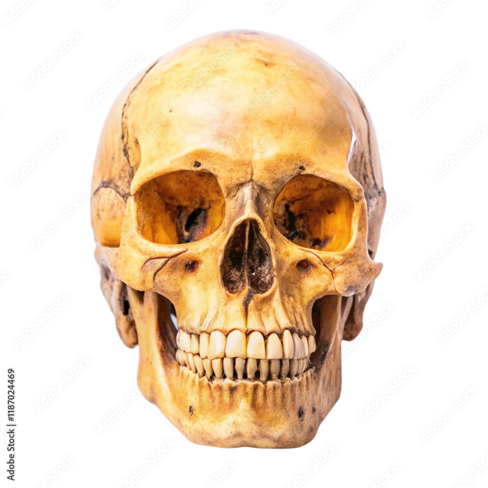 A Detailed View of a Human Skull Intensely Studying its Features Anatomy and Pale Yellow Hues A Detailed View of a Human Skull Intensely Studying its Features Anatomy and Pale Yellow Hues