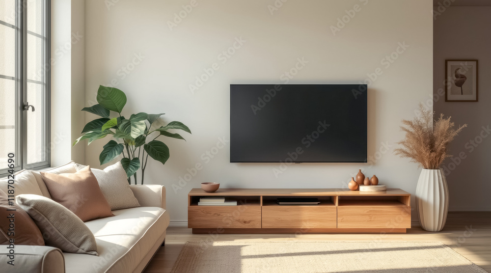 modern living room with beige couch wall-mounted tv