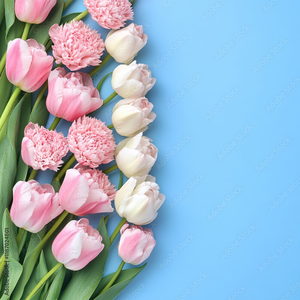 Fototapeta premium Delicate Pink and White Tulips on Blue Background Spring Floral Design