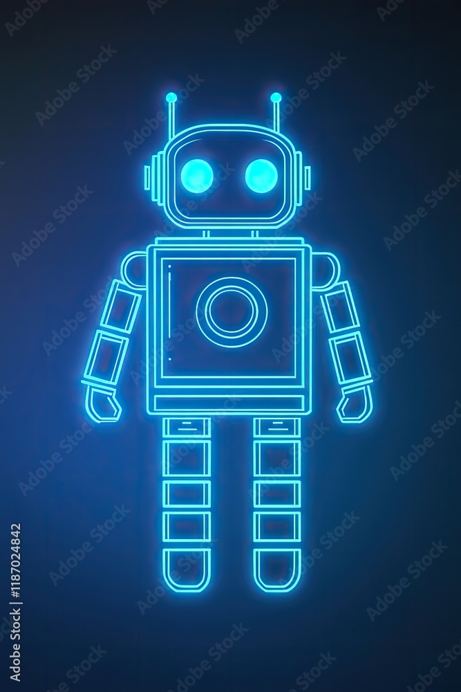 Naklejka premium minimalistic robot icon outlined in glowing blue placed against clean gradient background