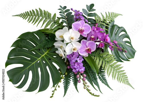 Tropical vibes plant bush floral arrangement with tropical leaves Monstera and fern and Vanda orchids tropical flower decor on tree branch liana vine plant isolated on white background
