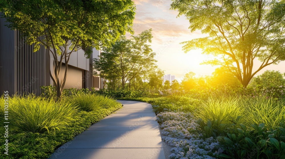 Fototapeta premium serene garden pathway leading to modern sustainable building under golden sunset