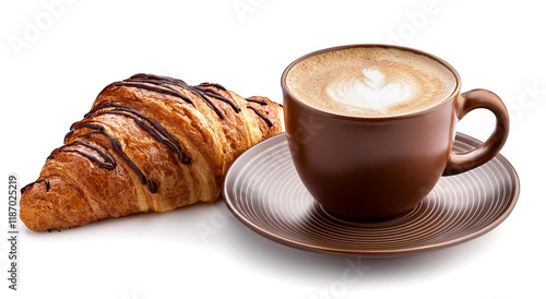 クロワッサンとカフェオレ（Croissant and cafe au lait on white background）
