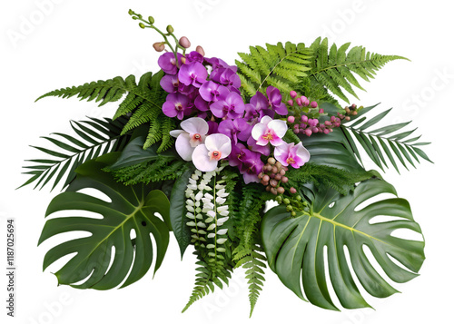 Tropical vibes plant bush floral arrangement with tropical leaves Monstera and fern and Vanda orchids tropical flower decor on tree branch liana vine plant isolated on white background