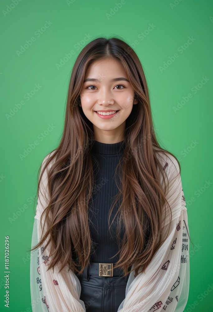 Portrait of a Smiling Young Woman with Long Brown Hair Against a Green Background, Wearing a Beige Sheer Blouse and Black Top, Studio Shot Portrait of a Smiling Young Woman with Long Brown Hair Against a Green Background, Wearing a Beige Sheer Blouse and Black Top, Studio Shot
