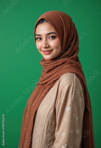Portrait of a Smiling Young Woman in a Brown Hijab Against a Green Background: Elegance, Faith, and Modern Style