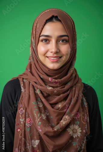 Portrait of a Smiling Young Muslim Woman Wearing a Brown Floral Hijab Against a Green Background. A Stunning Image Showcasing Elegance, Faith, and Cultural Identity.