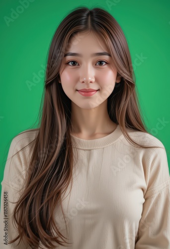 Portrait of a Young Asian Woman with Long Brown Hair Wearing a Beige Sweater Against a Green Background: A Studio Shot Emphasizing Natural Beauty and Calm Demeanor