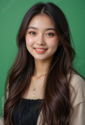 Portrait of a Beautiful Young Asian Woman with Long Brown Hair and a Warm Smile Against a Green Background, Wearing Delicate Gold Necklaces and a Beige Cardigan