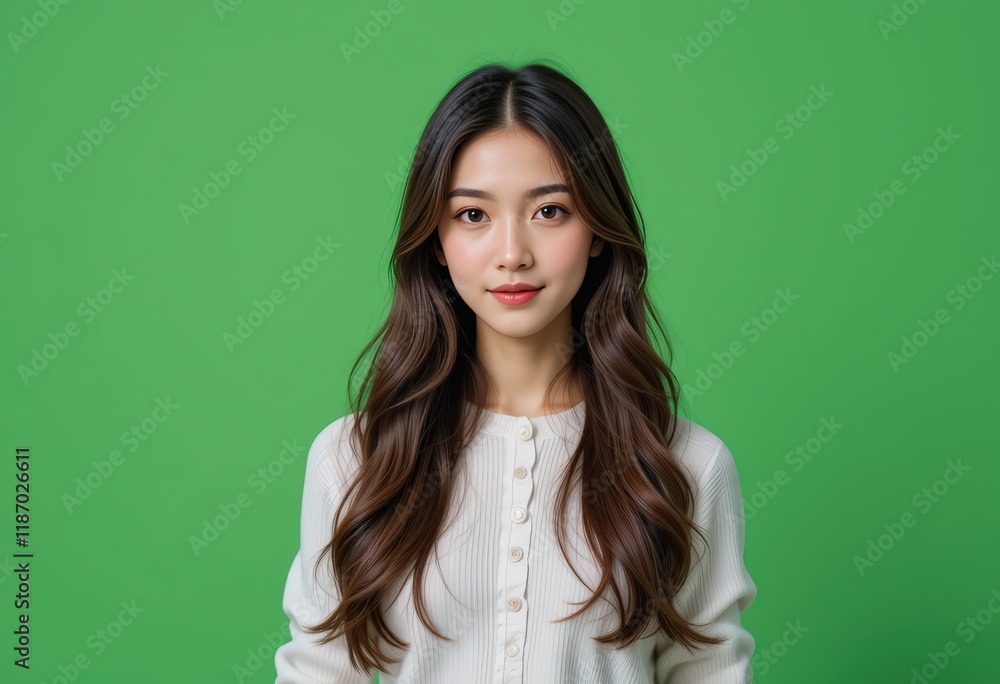 Fototapeta premium Portrait of a Young Asian Woman with Long Brown Hair, Calm Expression, Wearing a Cream-Colored Cardigan Against a Vibrant Green Background: A Studio Shot Emphasizing Beauty and Simplicity