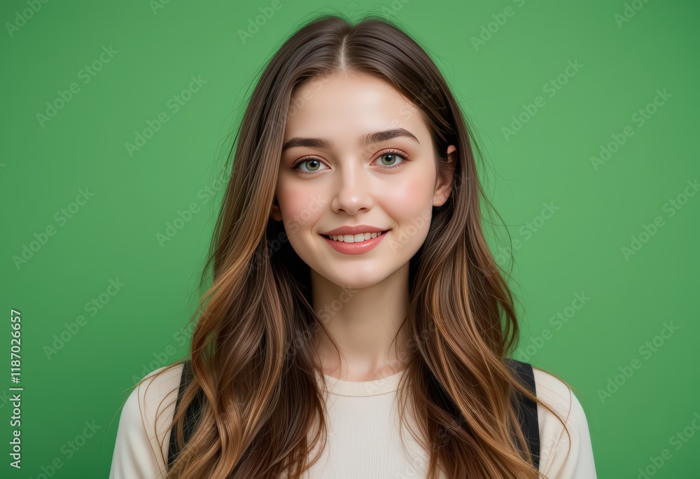 Portrait of a Beautiful Young Woman with Long Brown Hair Smiling Against a Green Background: A Stunning Studio Shot of Female Beauty and Youthfulness Portrait of a Beautiful Young Woman with Long Brown Hair Smiling Against a Green Background: A Stunning Studio Shot of Female Beauty and Youthfulness
