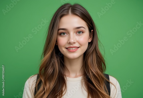 Portrait of a Beautiful Young Woman with Long Brown Hair Smiling Against a Green Background: A Stunning Studio Shot of Female Beauty and Youthfulness