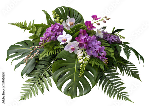 Tropical vibes plant bush floral arrangement with tropical leaves Monstera and fern and Vanda orchids tropical flower decor on tree branch liana vine plant isolated on white background