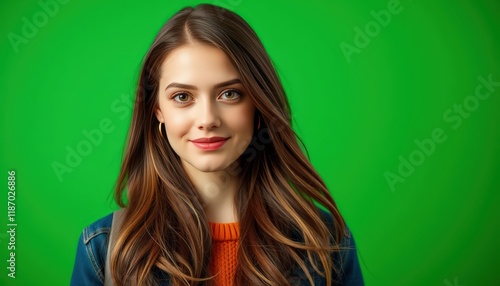 Portrait of a Young Woman with Long Brown Hair Smiling against a Vibrant Green Background, Studio Shot with Natural Lighting,  Displaying a Cheerful and Confident Expression.