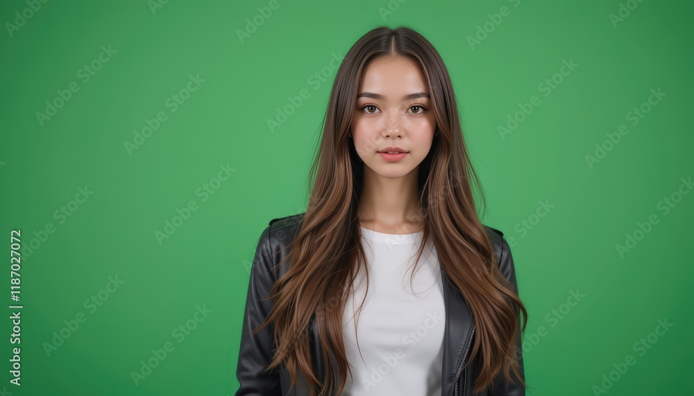 Fototapeta premium Portrait of a Young Woman with Long Brown Hair Wearing a Black Leather Jacket Against a Green Background: A Studio Shot Emphasizing Confidence and Style