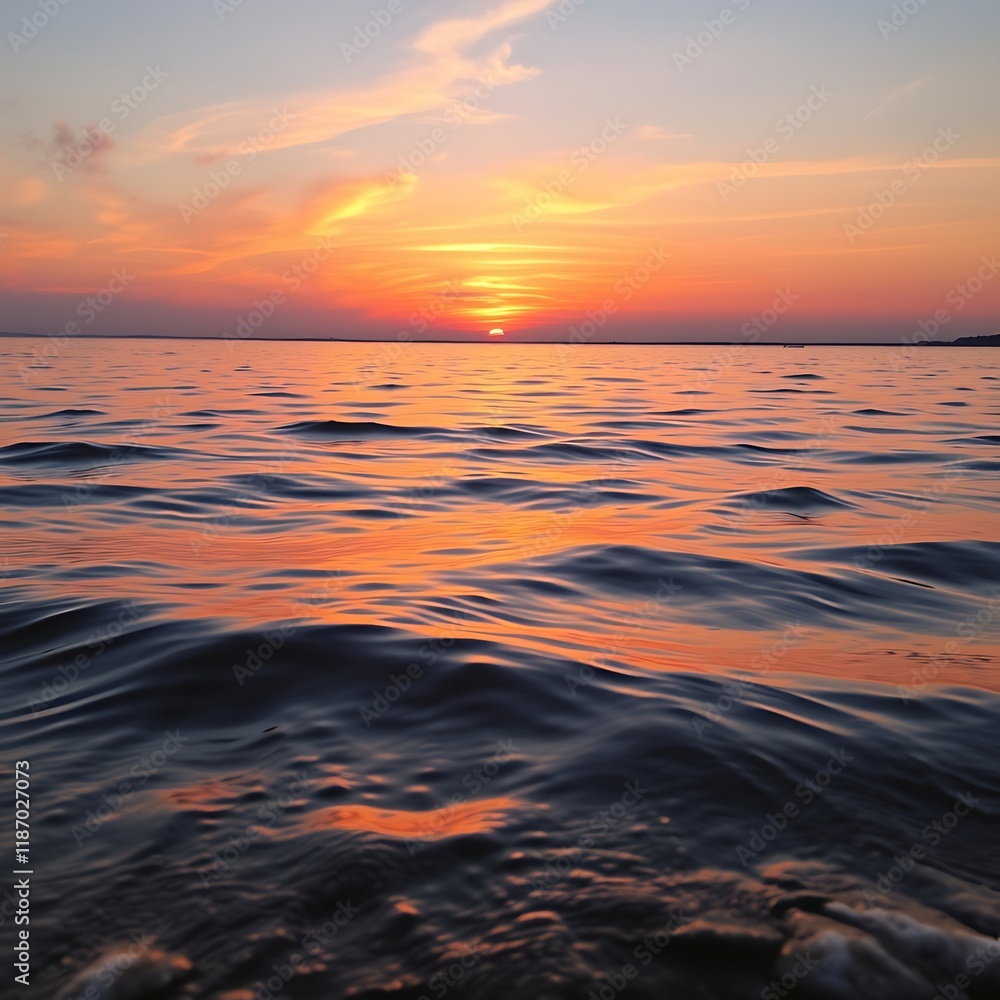 Serene sunset over calm ocean waves. Serene sunset over calm ocean waves.
