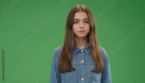 Portrait of a Teenage Girl with Long Brown Hair Wearing a Denim Shirt Against a Green Screen Background: A Studio Shot for Versatile Use in Digital Media and Design Projects