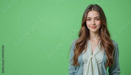 Portrait of a Beautiful Young Woman with Long Brown Hair Smiling Confidently Against a Vibrant Green Background