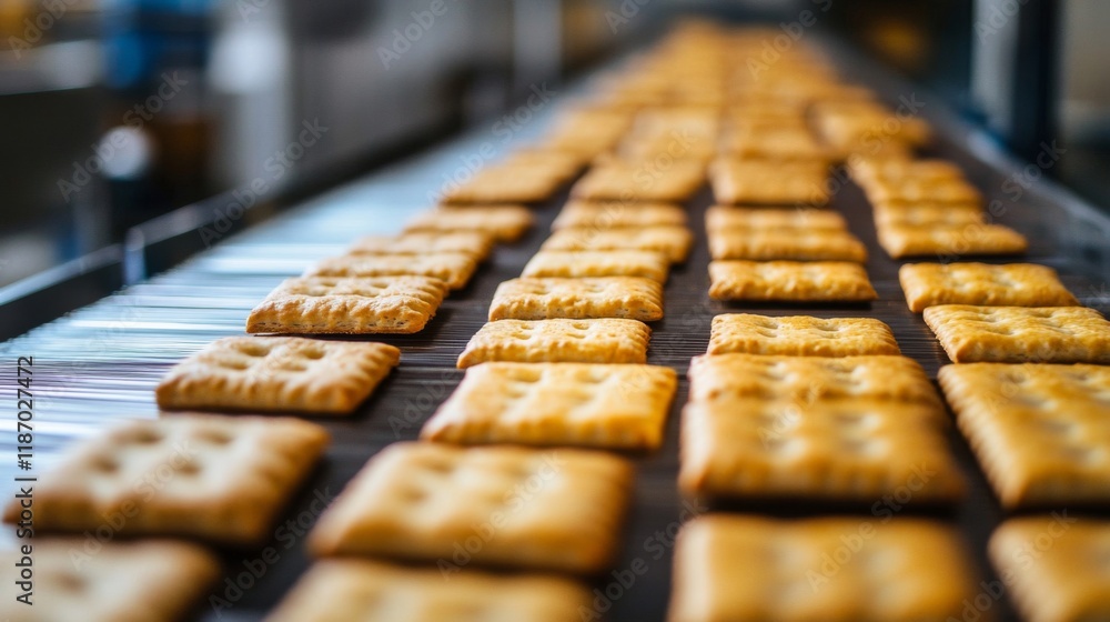 Crackers moving along a conveyor belt in a factory Crackers moving along a conveyor belt in a factory