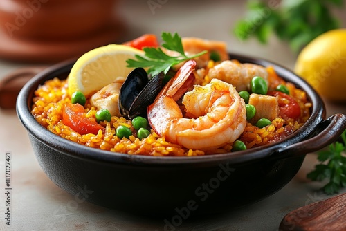 Deliciosa paella con mariscos, verduras frescas y limón en un plato tradicional photo