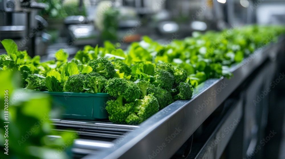 Fresh Broccoli And Greens On Conveyor Belt Fresh Broccoli And Greens On Conveyor Belt