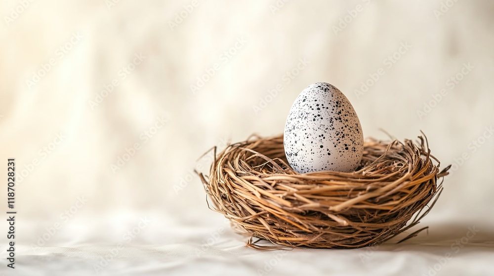 wicker nest holding single speckled egg placed on light cream background wicker nest holding single speckled egg placed on light cream background
