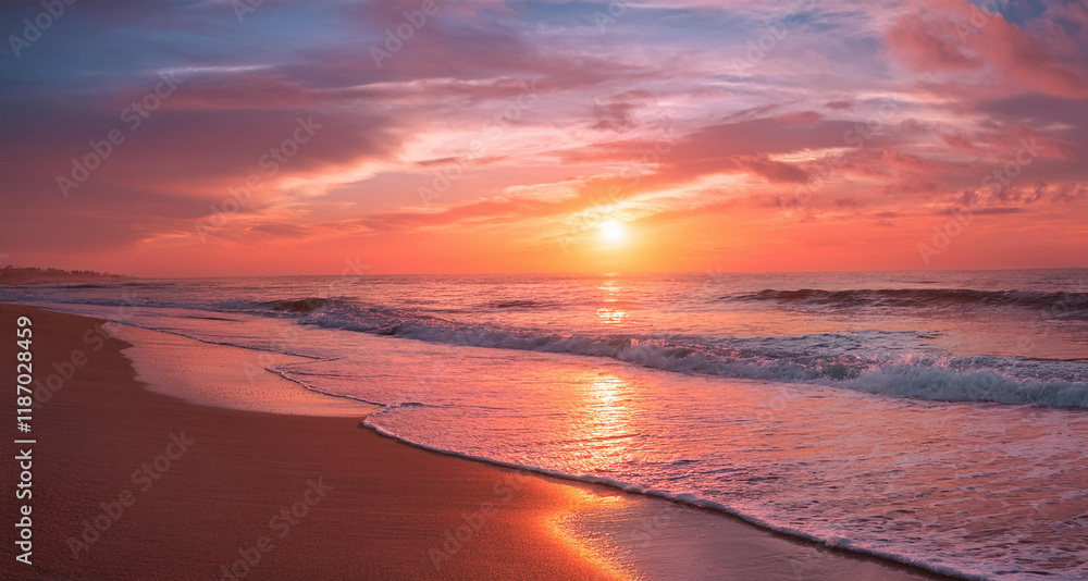Fototapeta premium Serene Beach at Sunset – Gentle Waves and a Sky of Warm Hues