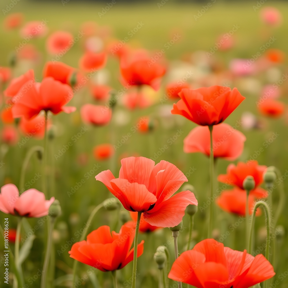 Vibrant red poppies blooming in a field. Vibrant red poppies blooming in a field.
