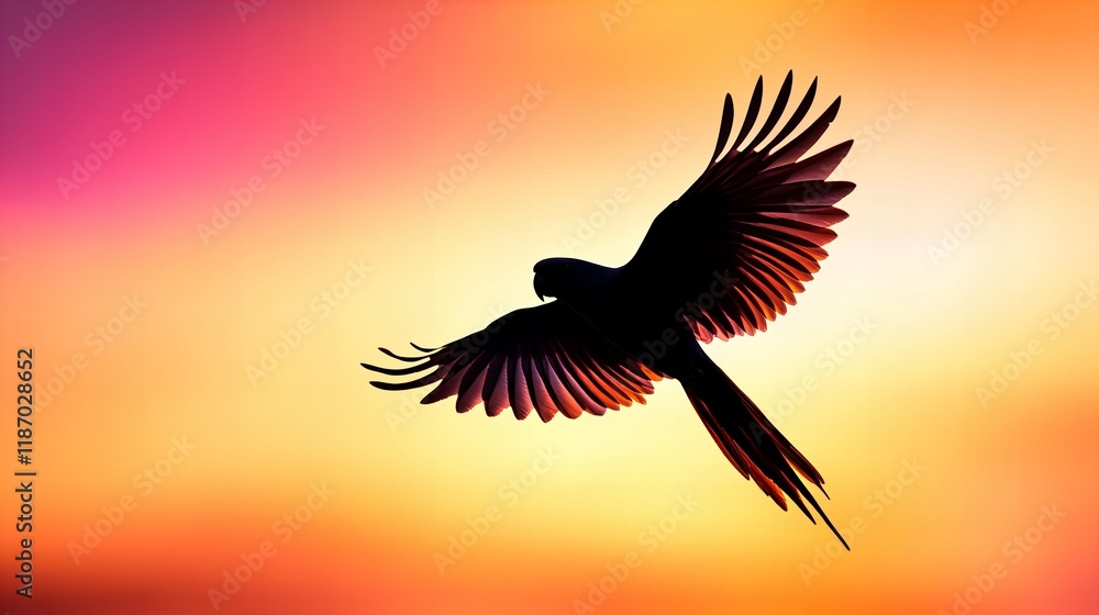 Obraz premium Silhouette of a parrot in flight against a vibrant sunset. A breathtaking moment of freedom.