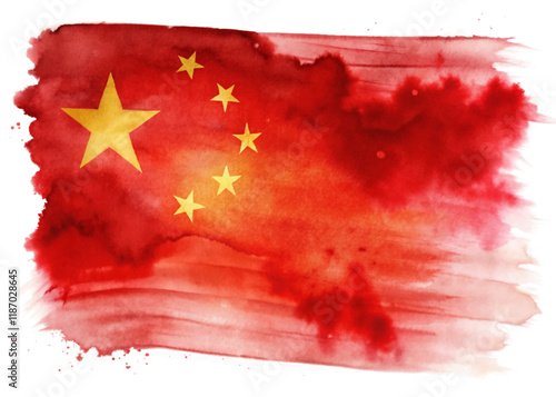 Watercolor Chinese flag, vibrant red background, artistic brush strokes, national symbol, cultural representation, patriotic design.