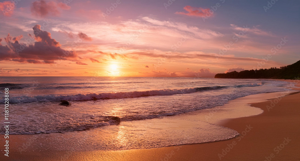 Serene Beach at Sunset – Gentle Waves and a Sky of Warm Hues Serene Beach at Sunset – Gentle Waves and a Sky of Warm Hues