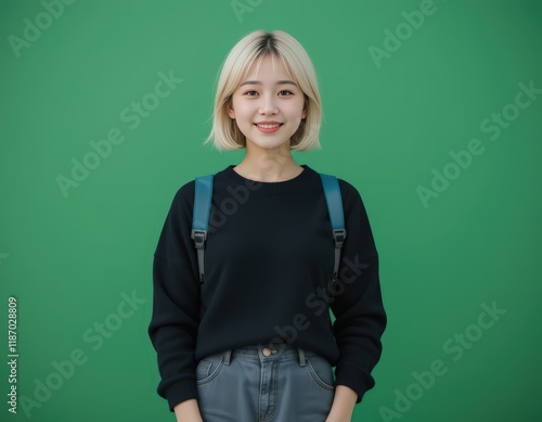 Portrait of a Smiling Young Asian Woman with Short Blonde Hair Wearing a Black Sweatshirt and Jeans Against a Green Background