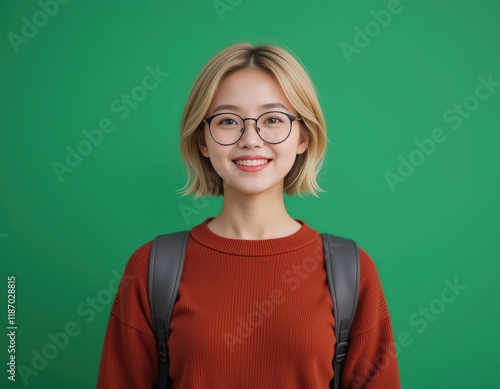Portrait of a Smiling Young Asian Woman with Bob Haircut Wearing Glasses and Backpack Against a Green Background: A Captivating Image of Youthful Confidence and Academic Aspiration