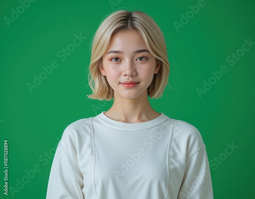 Portrait of a Young Woman with Blonde Bob Haircut Against a Vibrant Green Background: A Study in Simplicity and Serenity