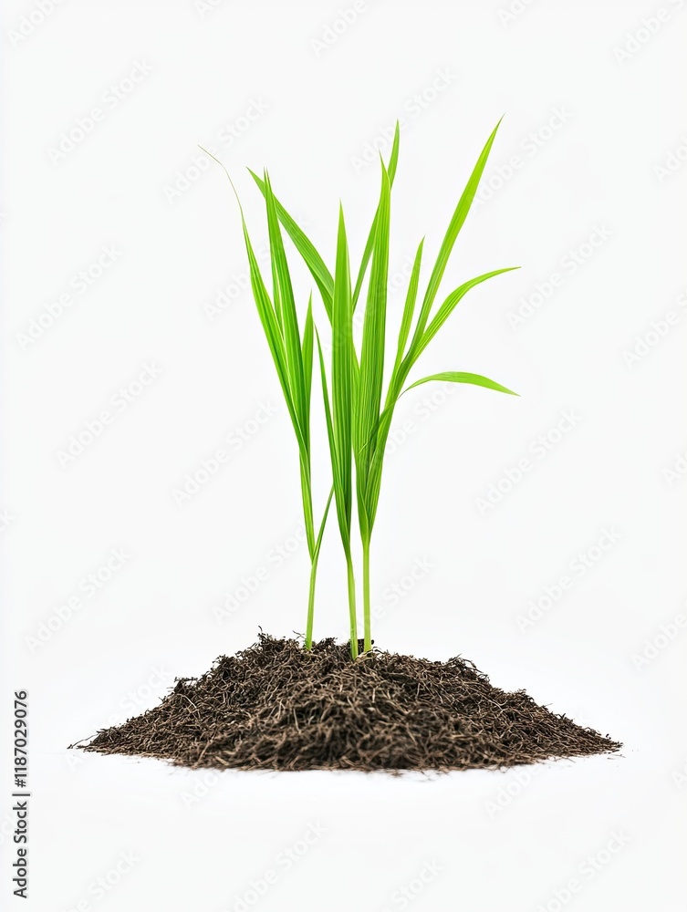 Young rice sprouts emerging from soil, growth, agriculture, white background, new life. Young rice sprouts emerging from soil, growth, agriculture, white background, new life.