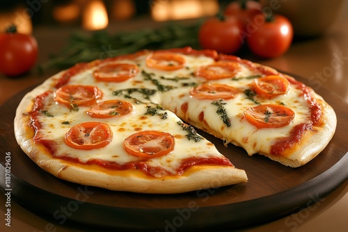 Disfrutar de una pizza clásica de queso con rodajas de tomate en un ambiente acogedor photo