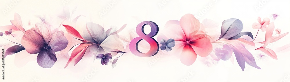 Soft floral abstract background featuring a bold handwritten 8 symbol with vibrant gradient colors of pink, purple, and white for creative design space Soft floral abstract background featuring a bold handwritten 8 symbol with vibrant gradient colors of pink, purple, and white for creative design space