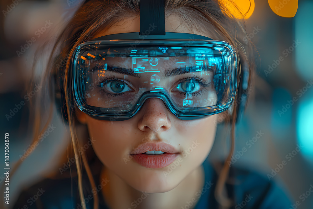 A young person wearing augmented reality glasses working in a modern coworking space. Future technologies support innovative project development A young person wearing augmented reality glasses working in a modern coworking space. Future technologies support innovative project development