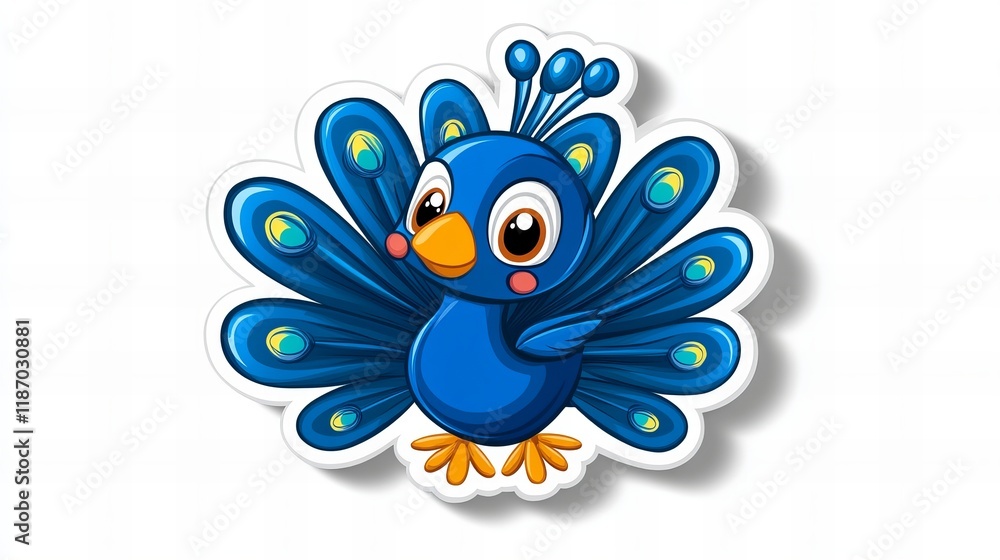 Obraz premium Adorable cartoon peacock with vibrant blue feathers and big eyes. Perfect for kids' designs!