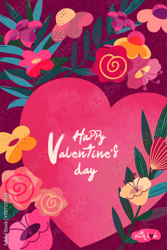 Vertical poster by Valentine's Day. Heart and flowers, watercolor texture.