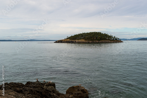 Deception Island is seen on a cloudy day from the beach of beautiful Deception Pass State Park, Washington, USA. photo