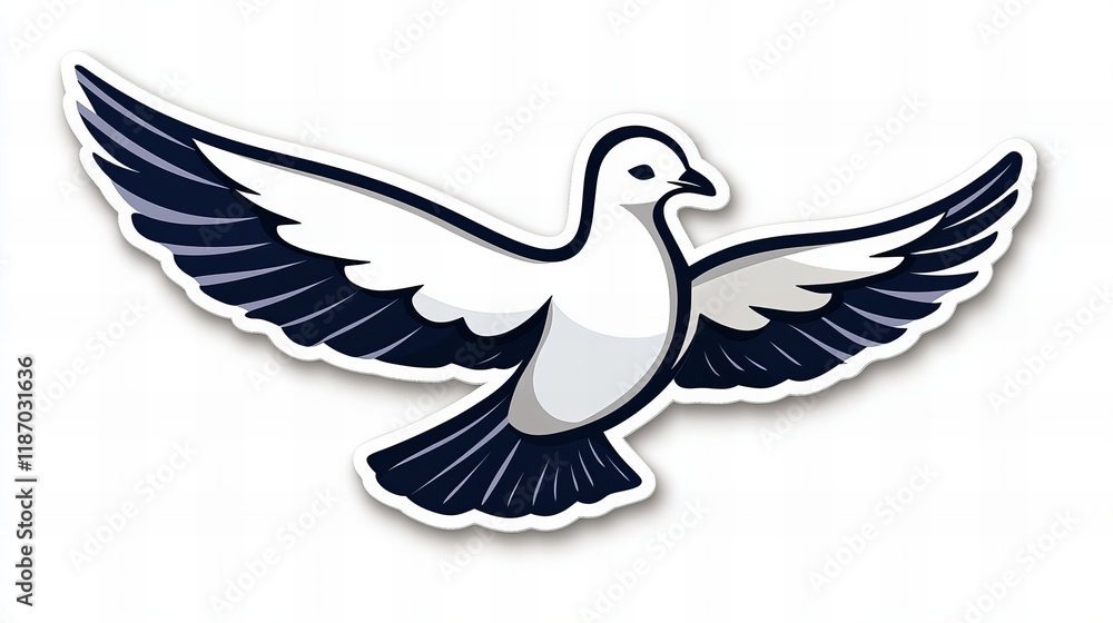 Obraz premium A stylized dove in flight, wings spread wide, depicted in shades of white and dark blue against a white background. A symbol of peace and hope.