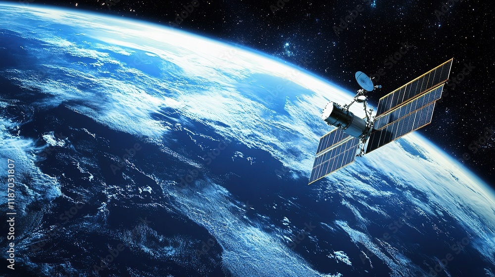 Satellite Above Earth Showcasing Global Telecommunication Network Satellite Above Earth Showcasing Global Telecommunication Network