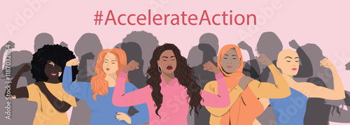 Womens Day 2025 banner. Accelerate Action. Women community showing biceps