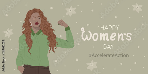 Happy Women's Day banner. African american woman showing her biceps. Holiday vector illustration