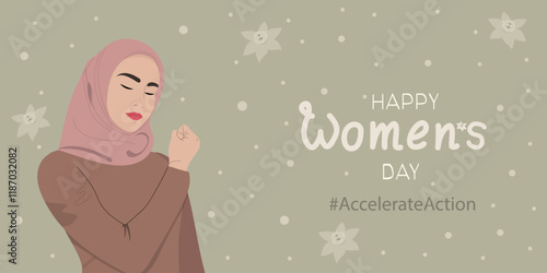 Womens day 2025 banner. Woman in hijab showing her biceps. AccelerateAction. Holiday vector illustration