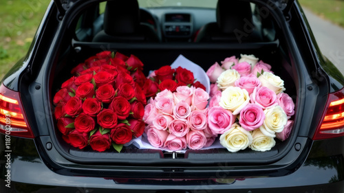 A car trunk filled with bouquets of red, pink, and white roses parked on a city street, flower delivery service, Valentine’s Day
