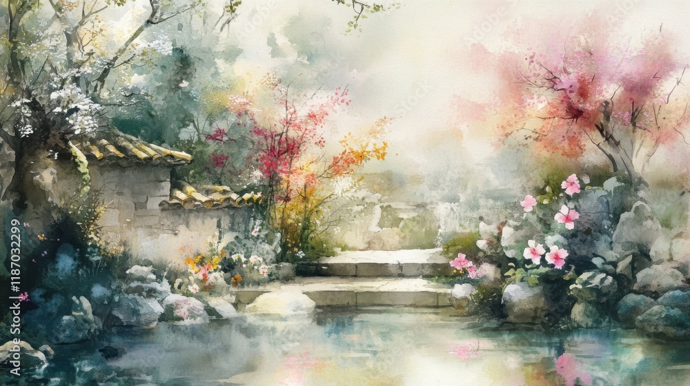 Fototapeta premium Tranquil watercolor scene depicting a serene garden nature art peaceful landscape
