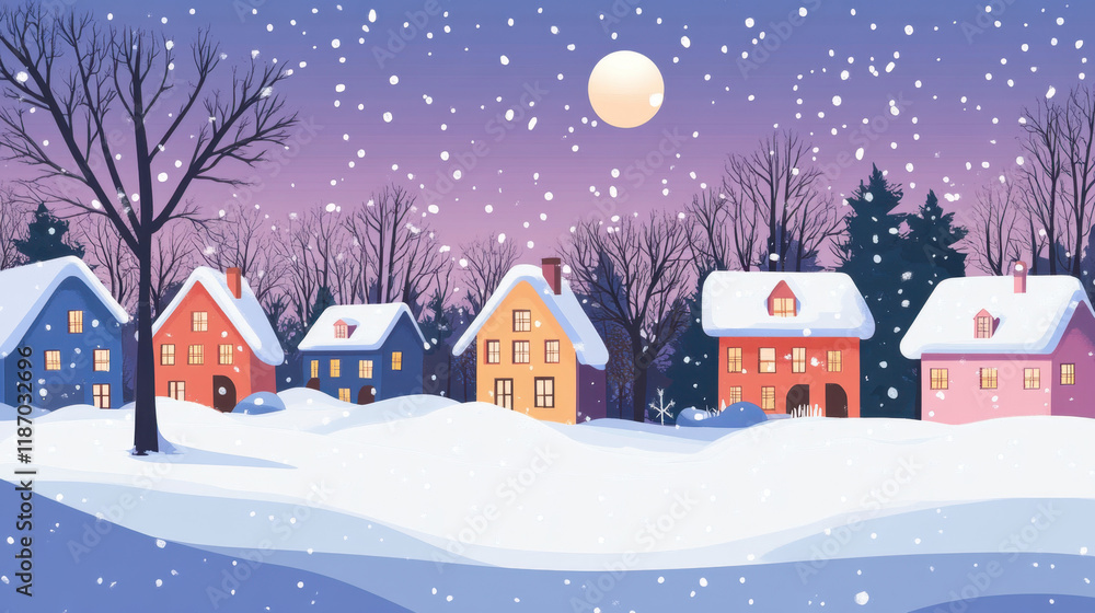 Fototapeta premium Snowy village under a serene winter night sky.